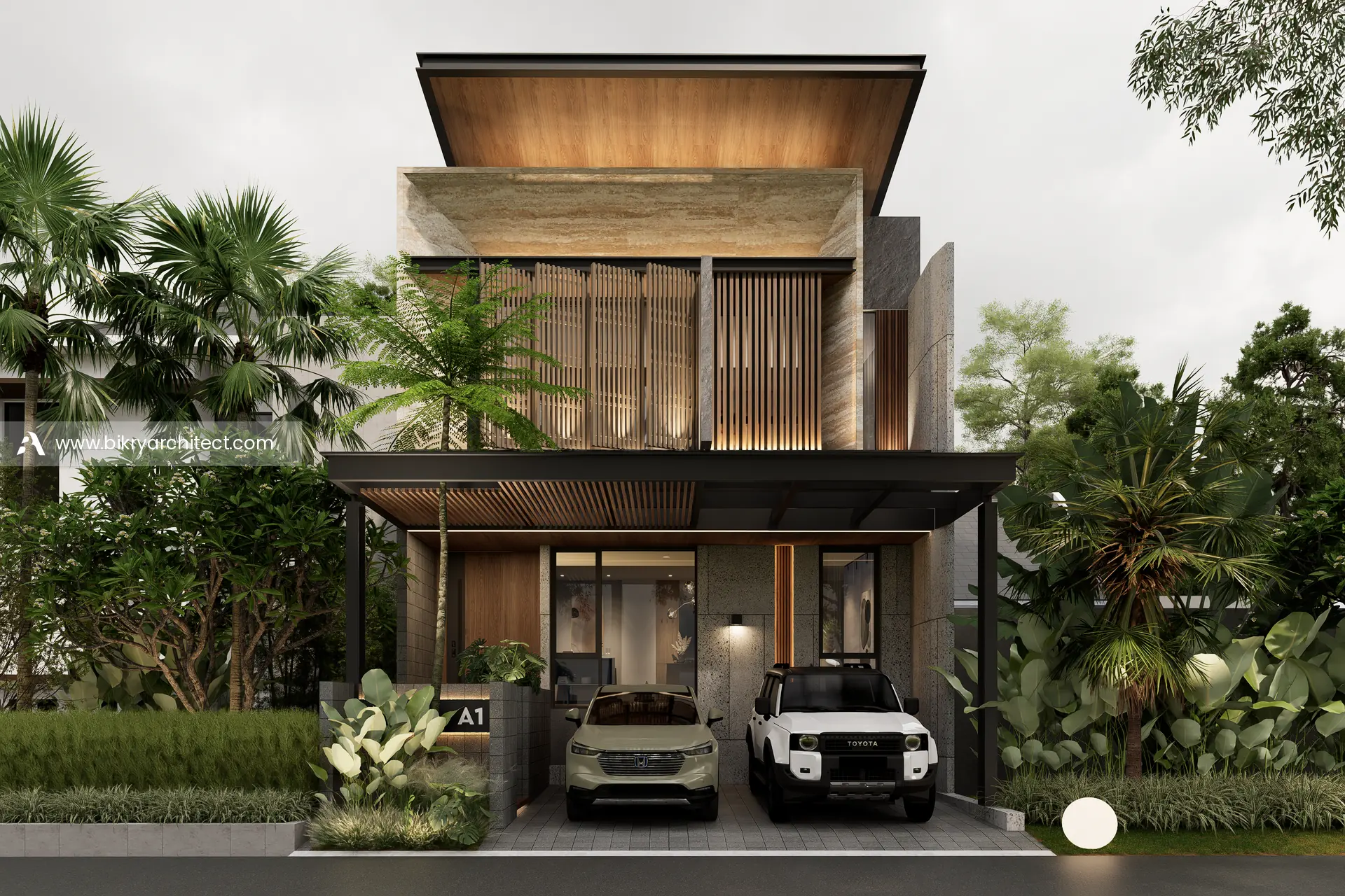 Fasad depan A House Manado, rumah modern tropis 2 lantai dengan atap datar berplafon kayu, panel kisi kayu, dan carport 2 mobil