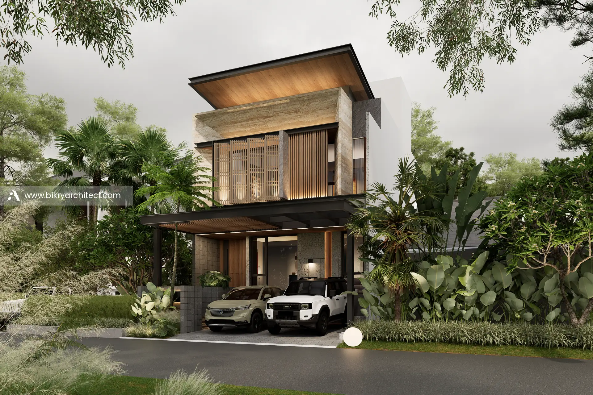 Perspektif samping kiri A House Manado dengan cladding batu travertine, kisi kayu vertikal, dan atap kantilever