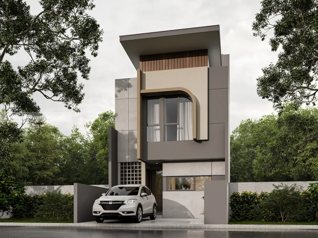 Fasad depan A House Bandung, rumah modern 3 lantai di lahan 6 meter dengan bingkai jendela lengkung krem