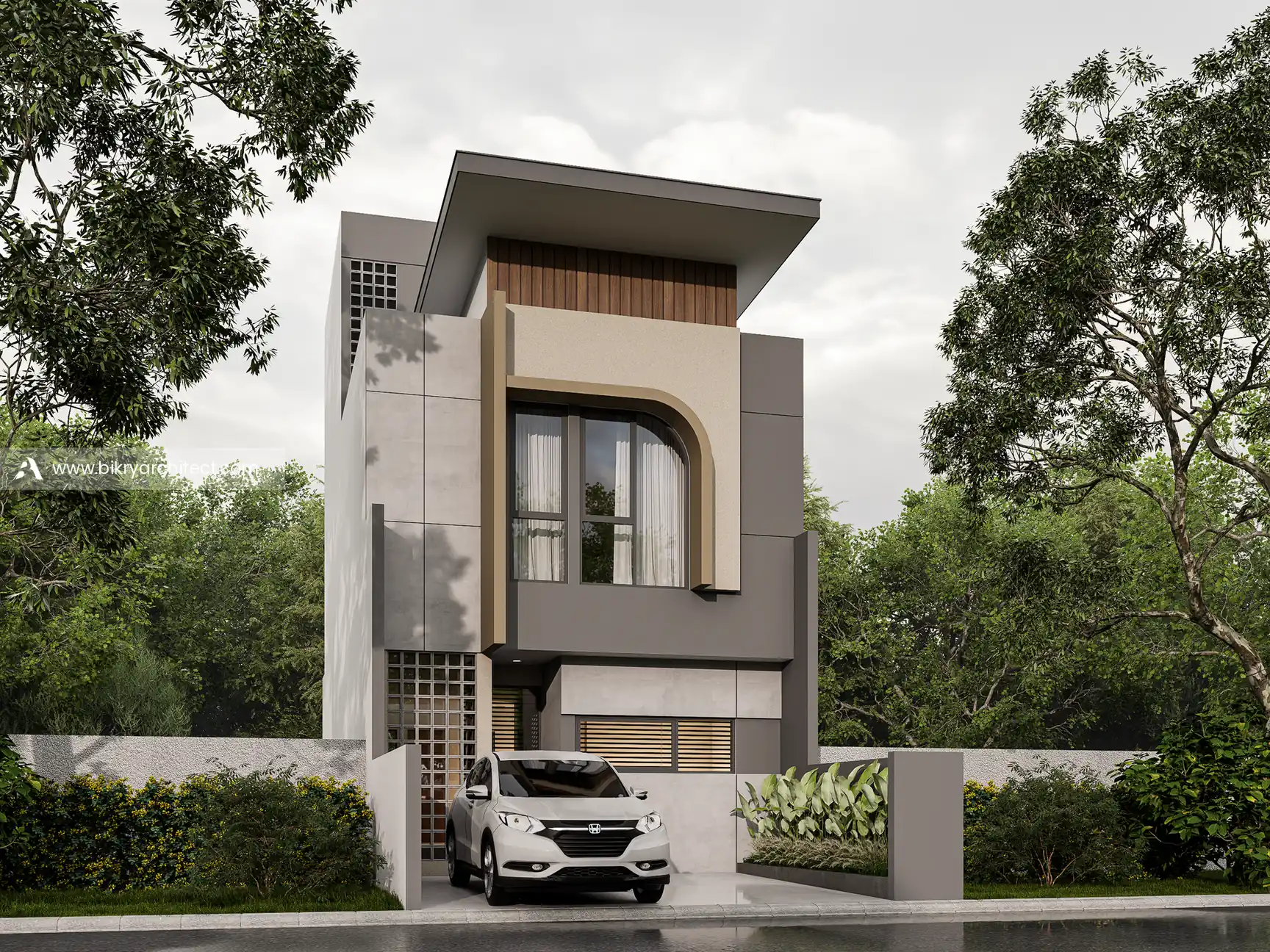 Perspektif sudut rumah modern 3 lantai lahan sempit dengan dinding roster kaca dan panel abu muda
