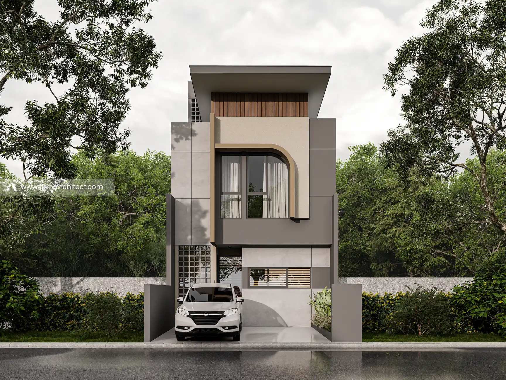 Tampak depan rumah modern 3 lantai di Bandung dengan pagar rendah abu dan taman di kiri kanan