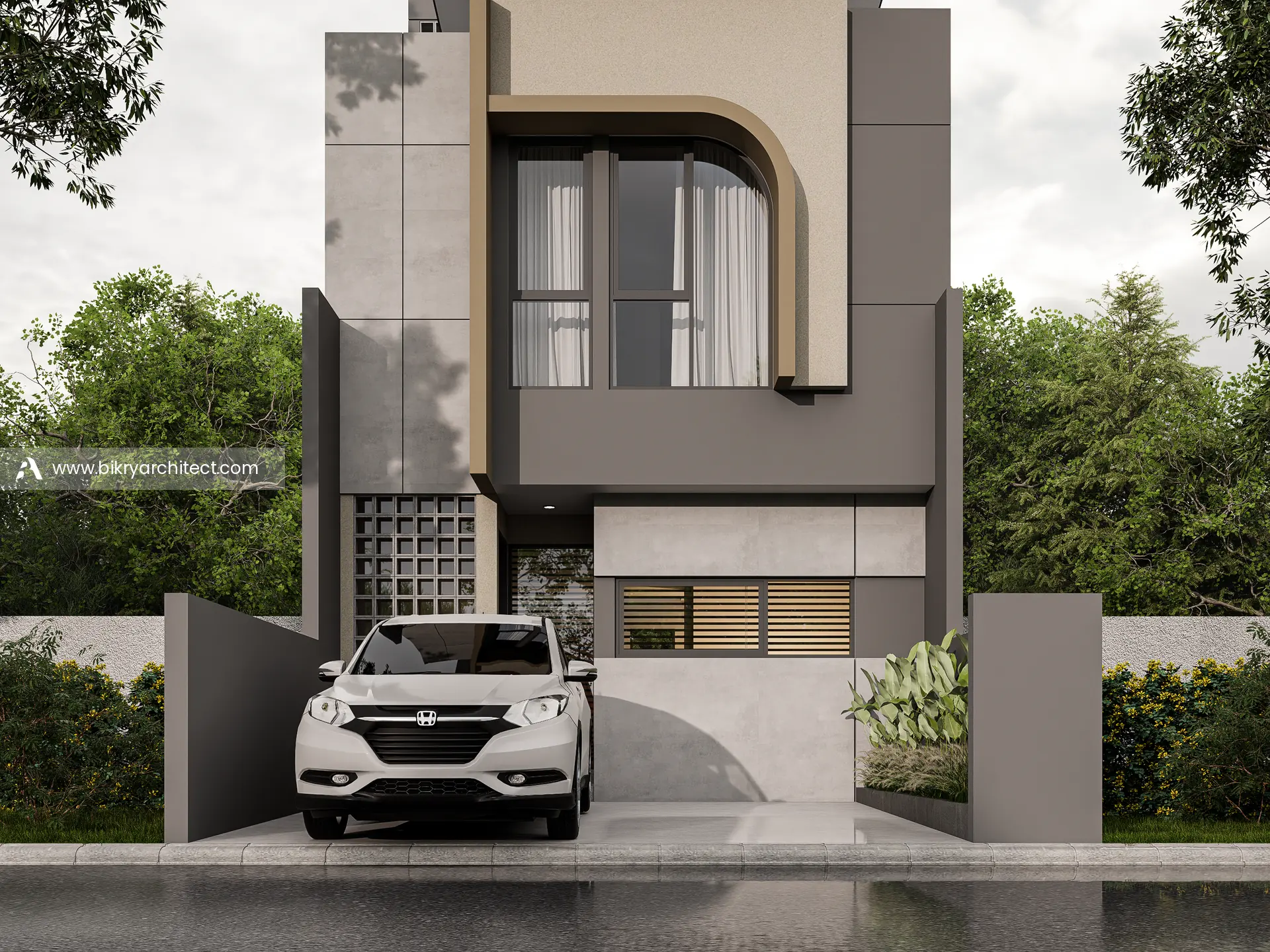 Detail fasad lantai 1 dan 2 dengan jendela besar berbingkai lengkung, kisi jendela horizontal, dan carport