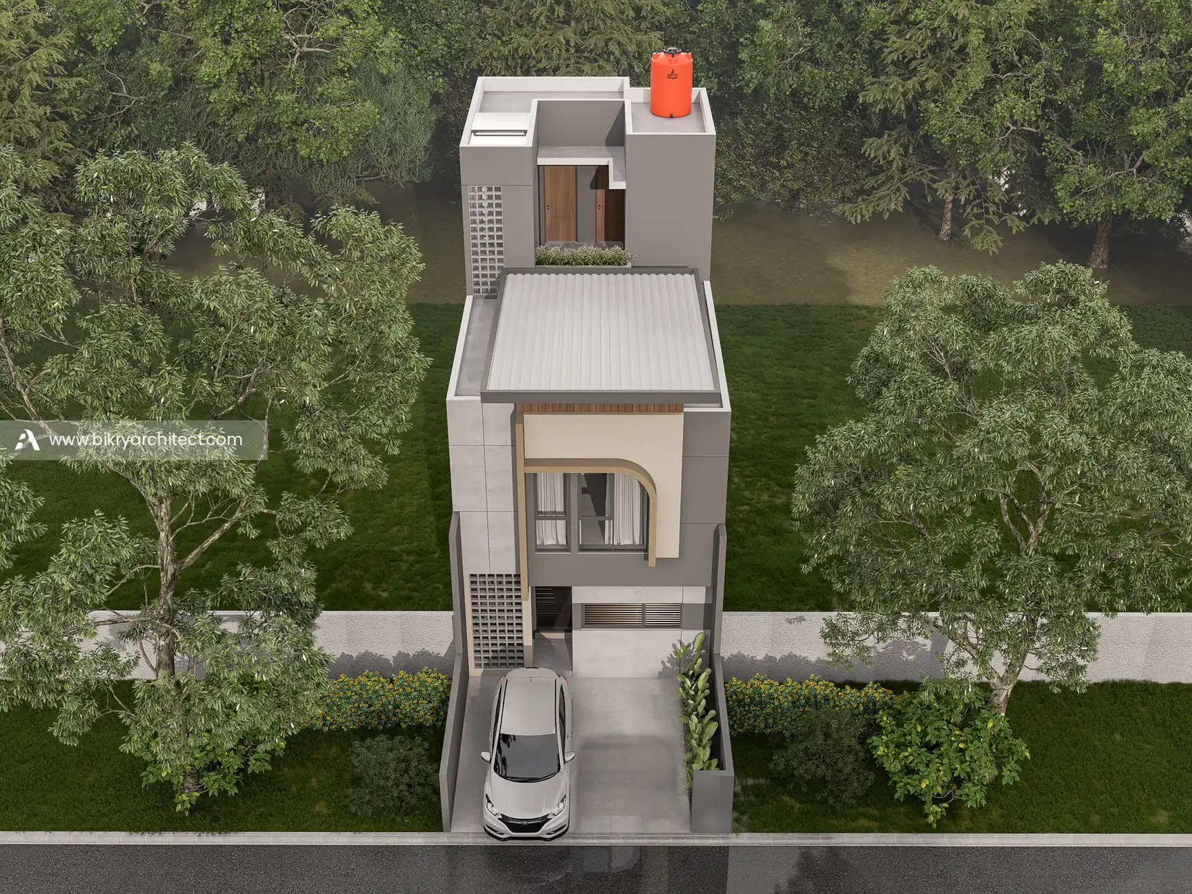Tampak atas depan rumah 3 lantai memanjang dengan lantai 3 di bagian belakang dan carport depan