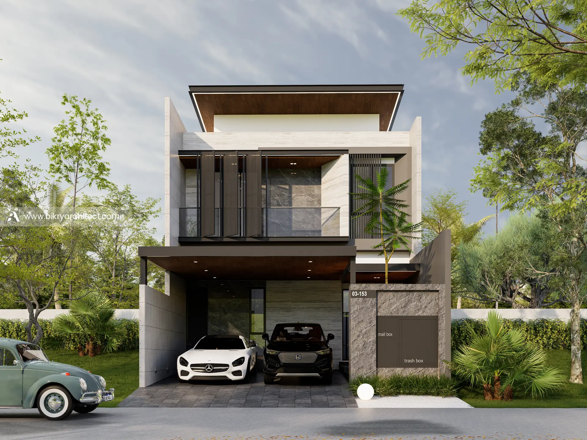 Fasad depan A House Jakarta, rumah modern kontemporer 2 lantai dengan shutter vertikal dan carport 2 mobil
