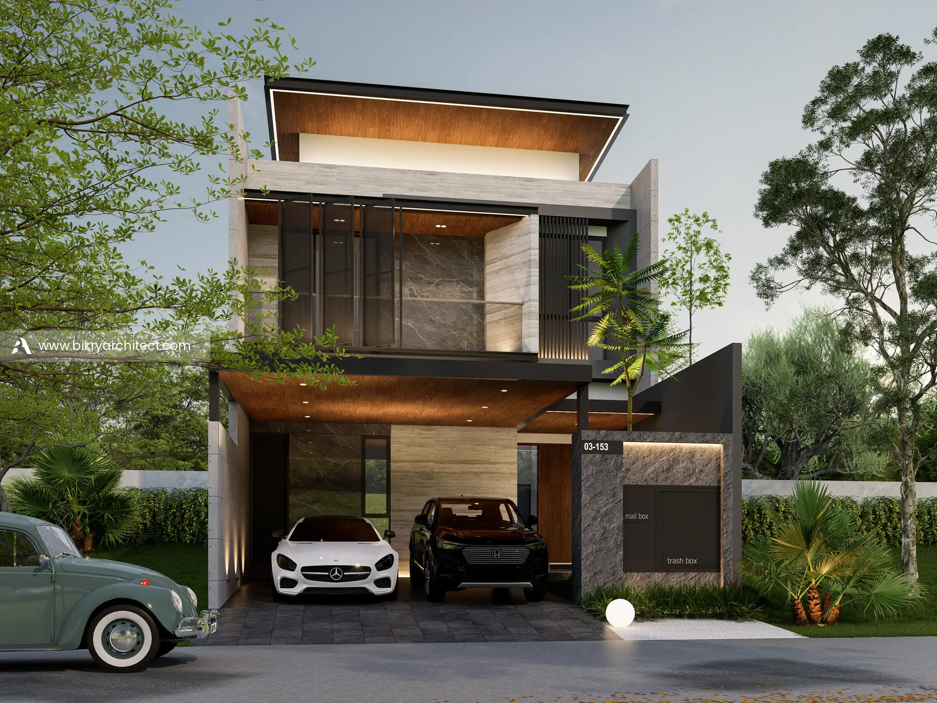 Tampak depan rumah modern kontemporer 2 lantai di Jakarta dengan atap kantilever berplafon kayu