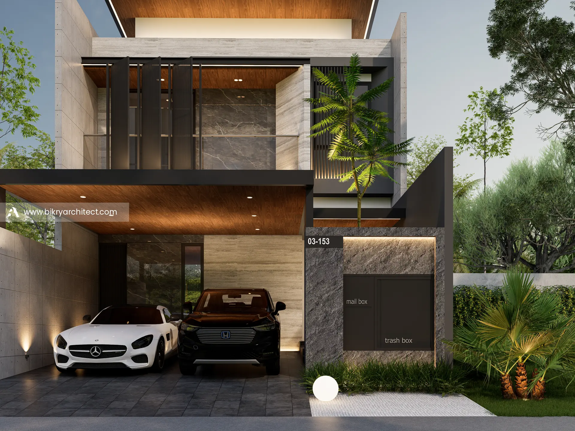 Carport 2 mobil dengan kanopi berplafon kayu, dinding travertine, dan pilar batu gelap