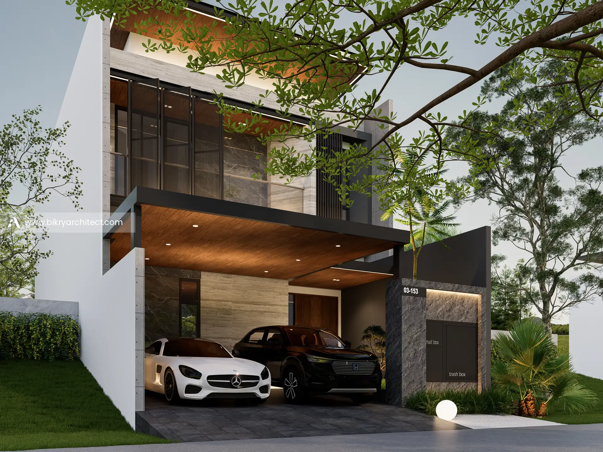Perspektif sudut A House dengan dinding samping putih, taman, dan kanopi carport