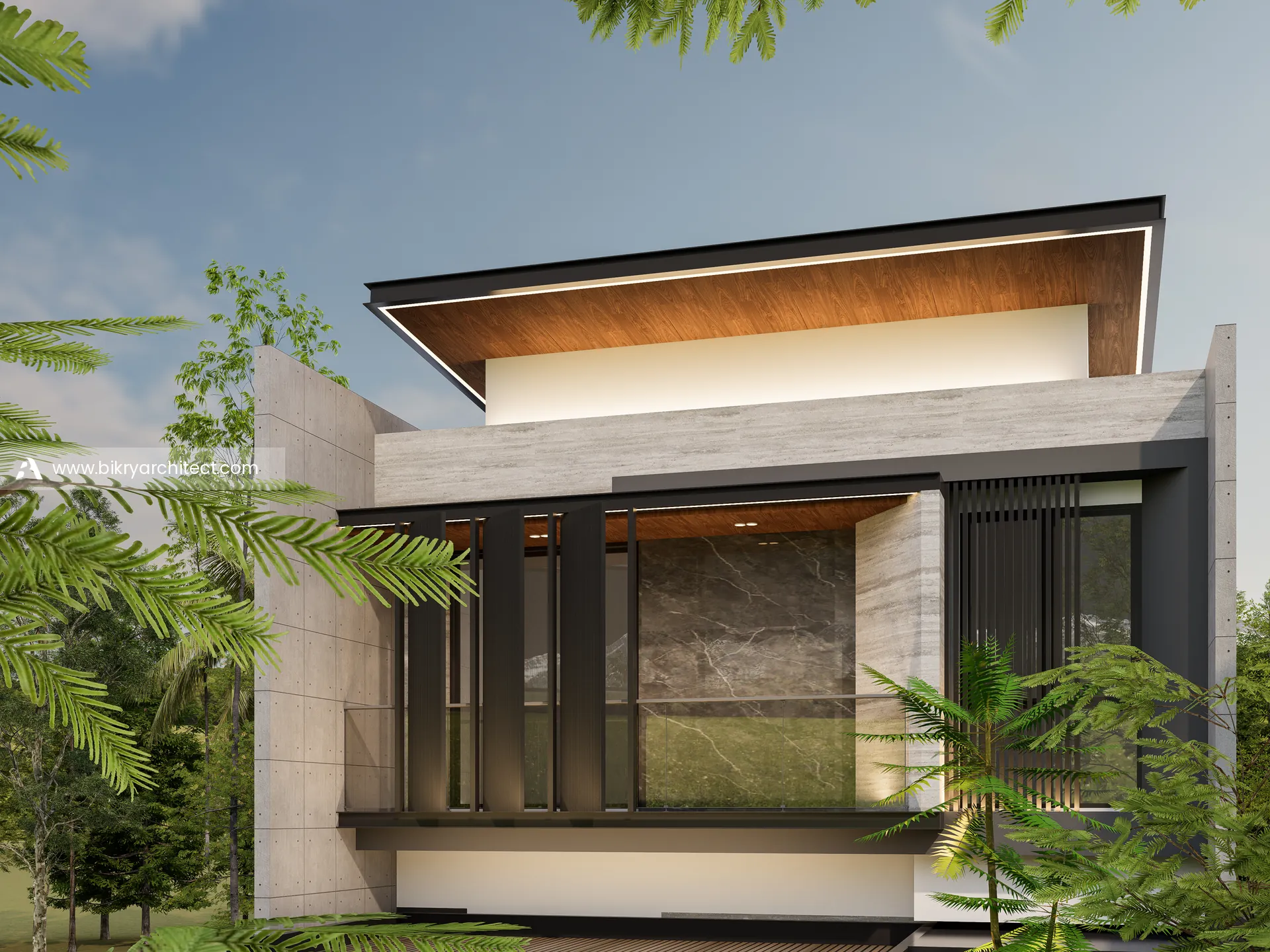 Detail lantai 2 dengan shutter vertikal gelap, balkon kaca, dan dinding travertine