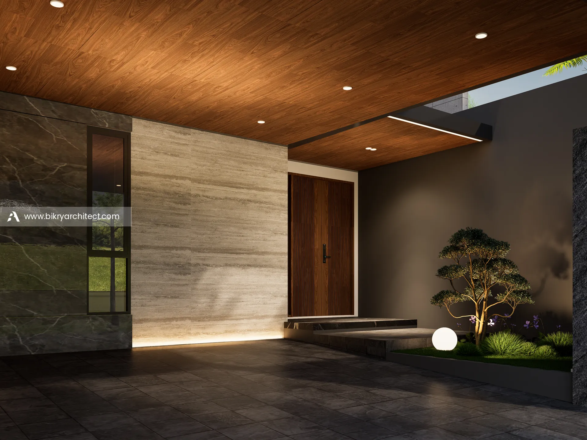 Area masuk dengan pintu kayu tinggi, dinding travertine, marmer gelap, dan taman bonsai