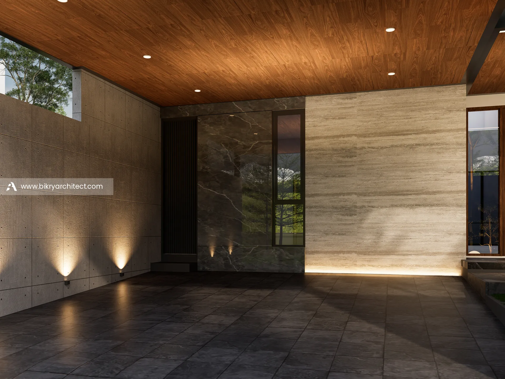 Detail plafon kayu dan dinding travertine dengan lampu sorot di area carport