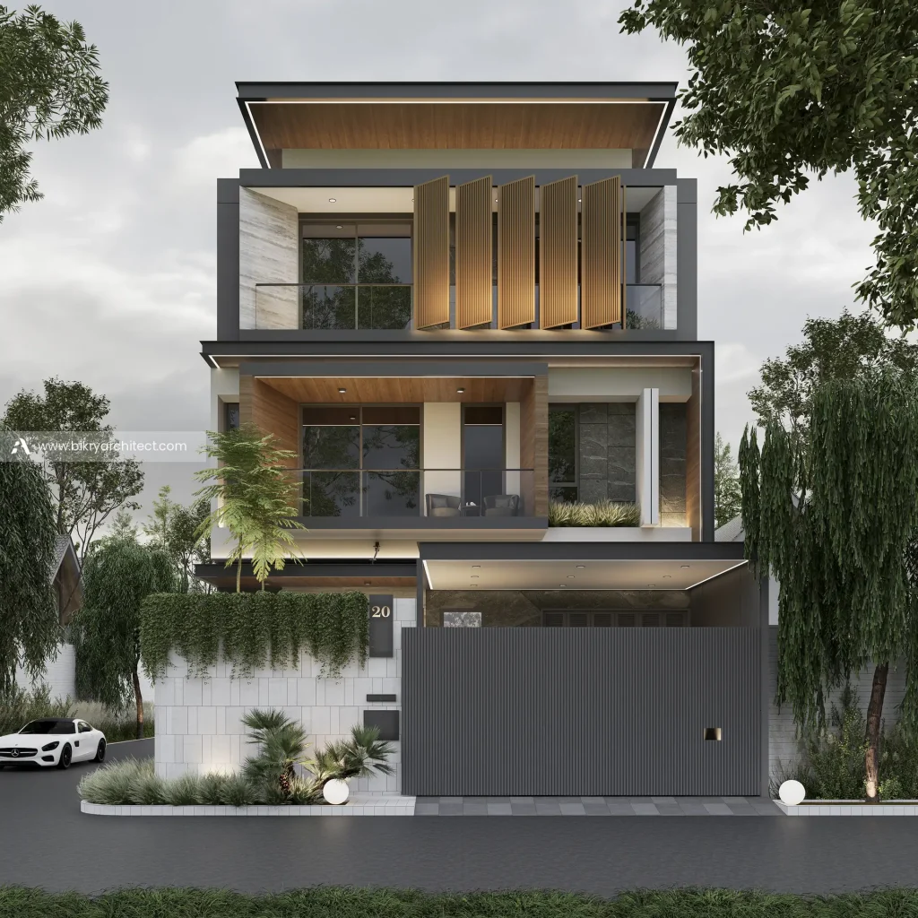 Fasad depan A House Wonosobo, rumah modern tropis 3 lantai dengan carport tertutup dan pagar kisi vertikal abu gelap