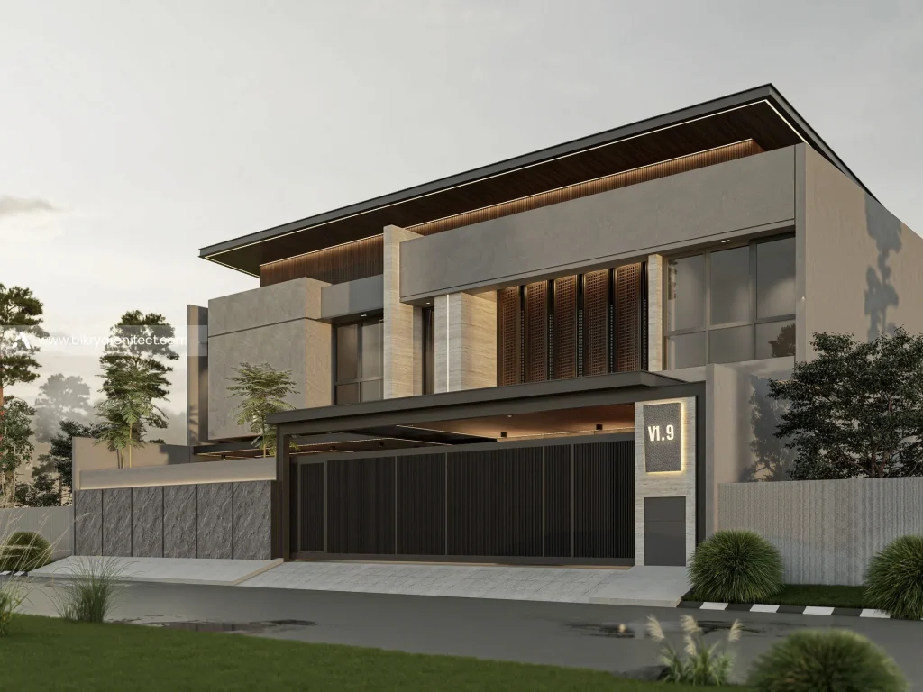Fasad D House Balikpapan, rumah modern tropis 2 lantai dengan atap overhang lebar, plafon kayu, dan pagar batu alam