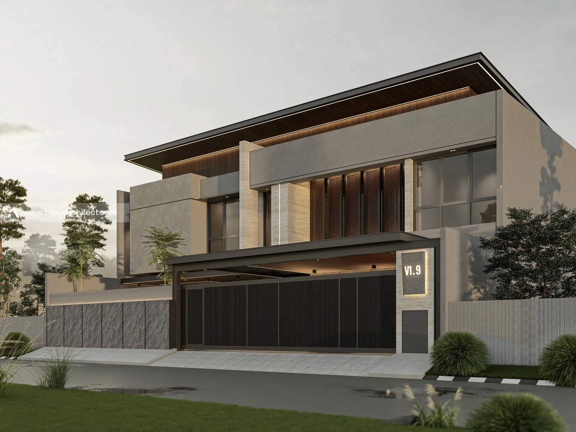 Fasad D House Balikpapan, rumah modern tropis 2 lantai dengan atap overhang lebar, plafon kayu, dan pagar batu alam