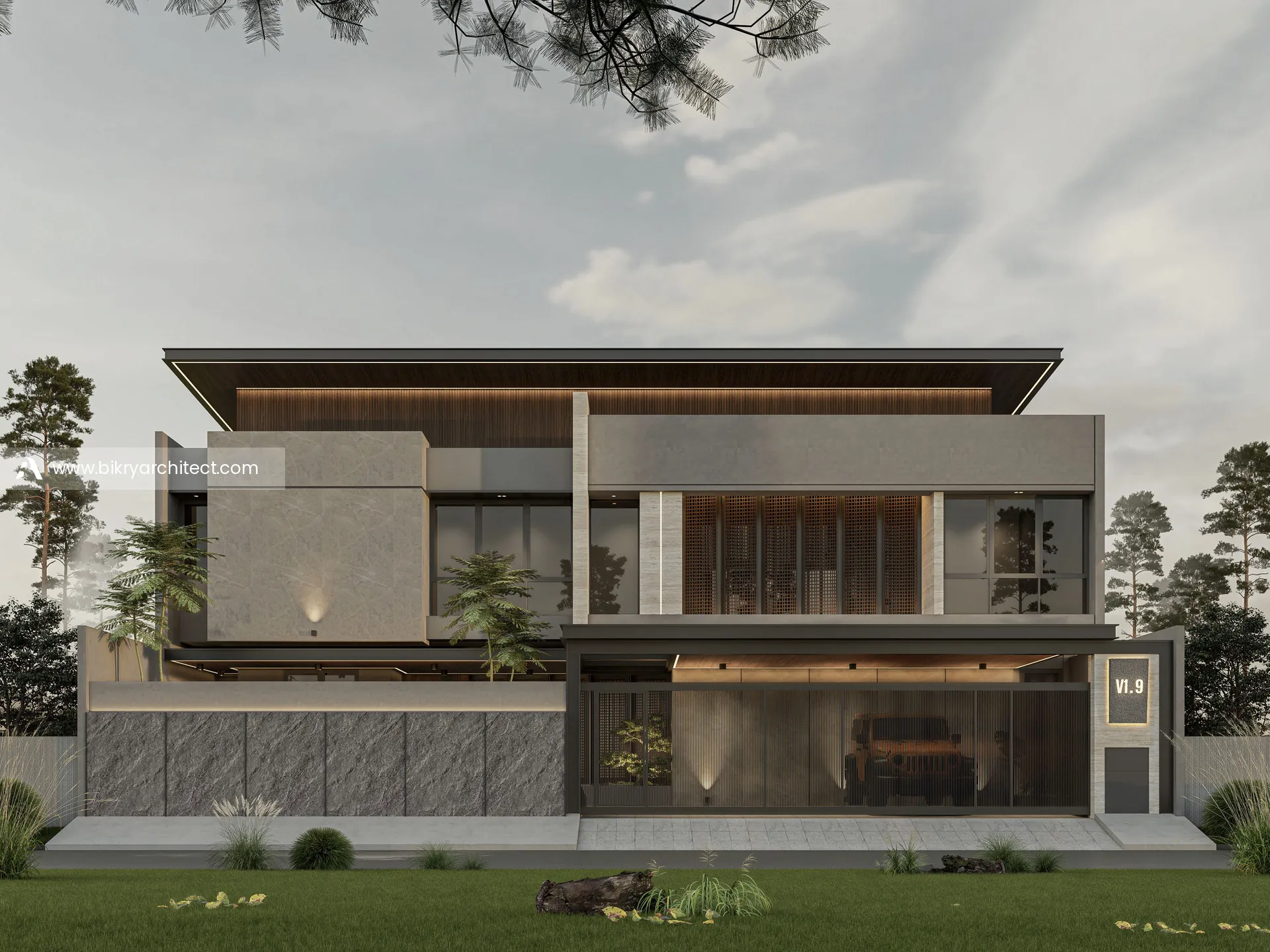 Tampak depan rumah modern tropis 2 lantai yang lebar dengan massa abu bertekstur dan bukaan kaca berkisi kayu