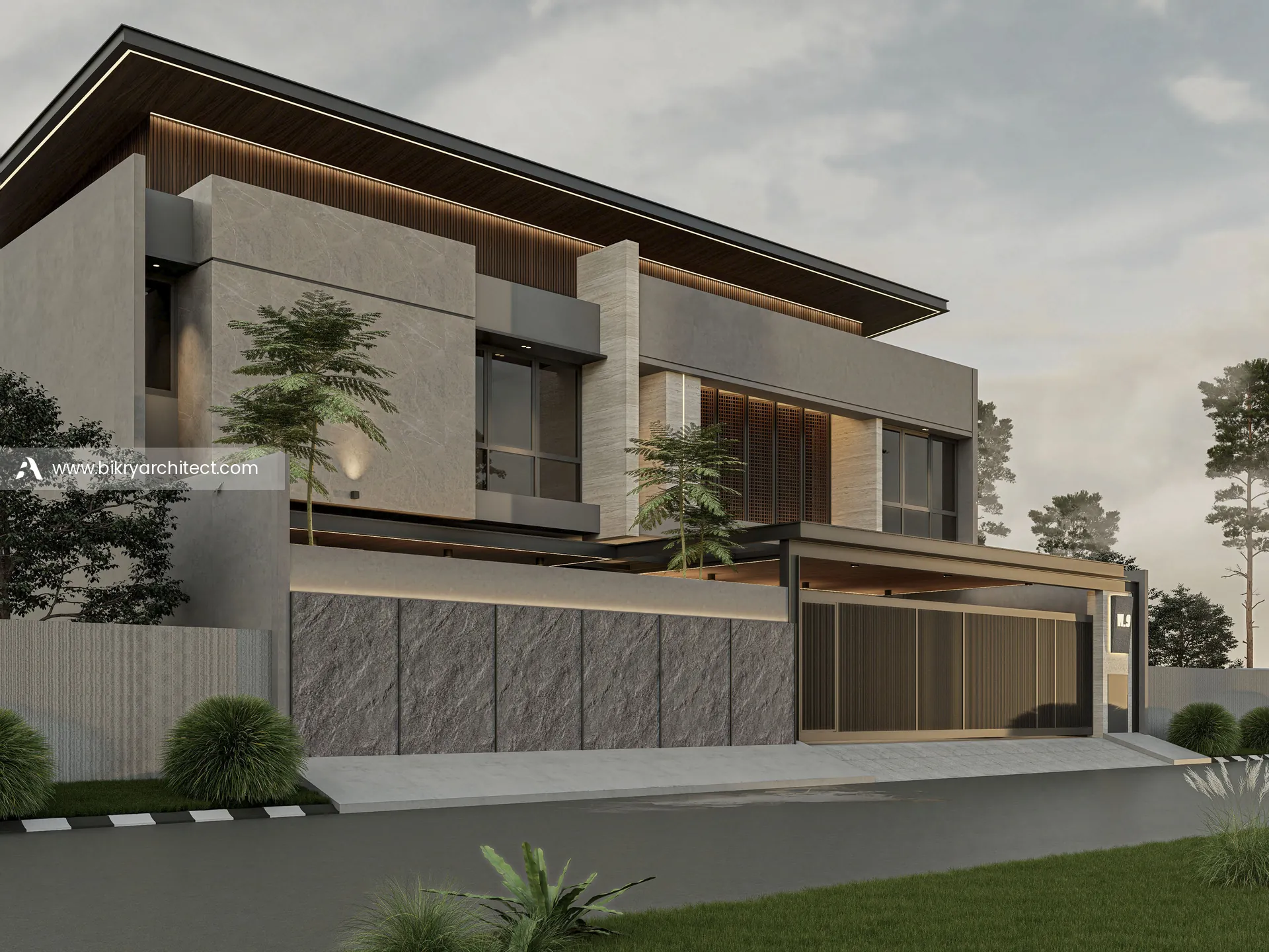 Perspektif sudut rumah modern tropis 2 lantai dengan atap miring tipis, tanaman di teras, dan pagar geser gelap
