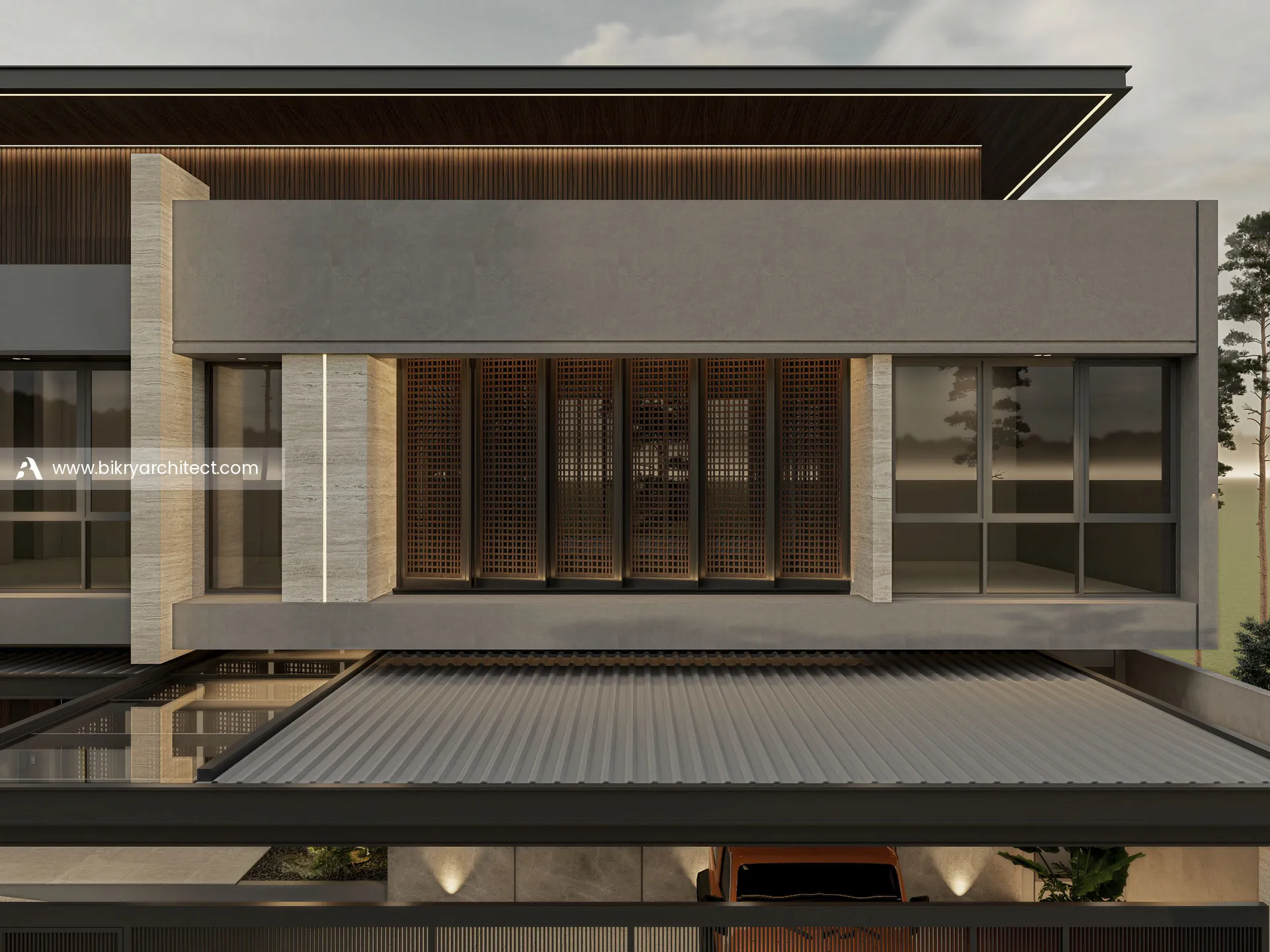 Detail lantai 2 dengan panel kisi kayu geser, kaca lebar, dan kanopi carport di depannya