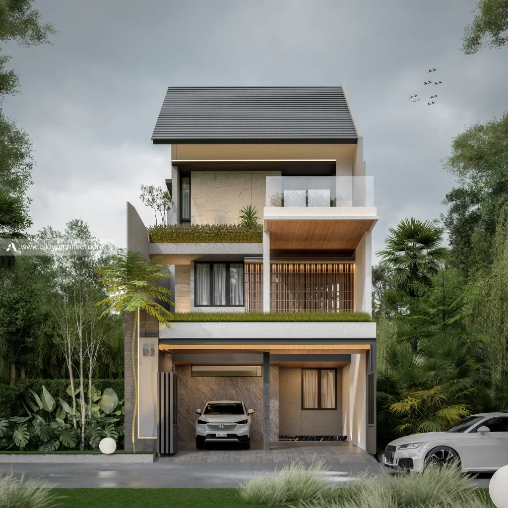Fasad depan D House Tangerang, rumah modern tropis 3 lantai dengan atap pelana, planter hijau, dan carport