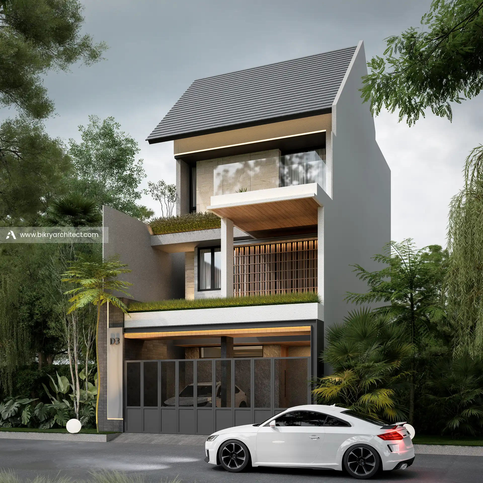 Perspektif sudut rumah modern tropis 3 lantai di Tangerang dengan atap pelana dan balkon berplafon kayu