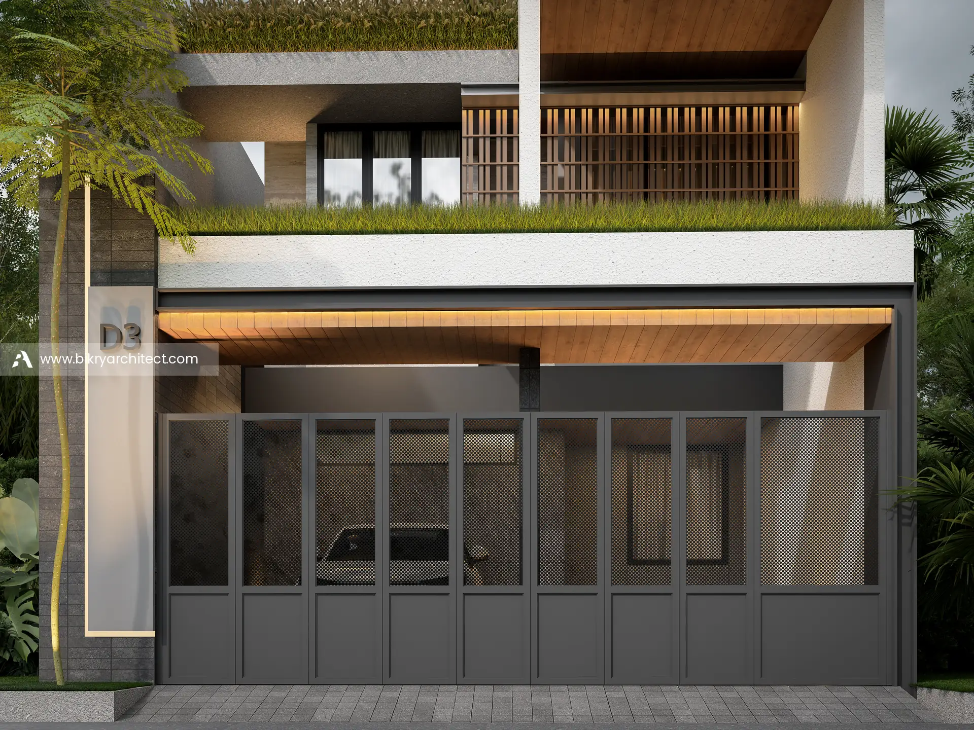 Detail lantai dasar dengan pagar besi abu, plafon kayu, dan planter hijau di atas carport