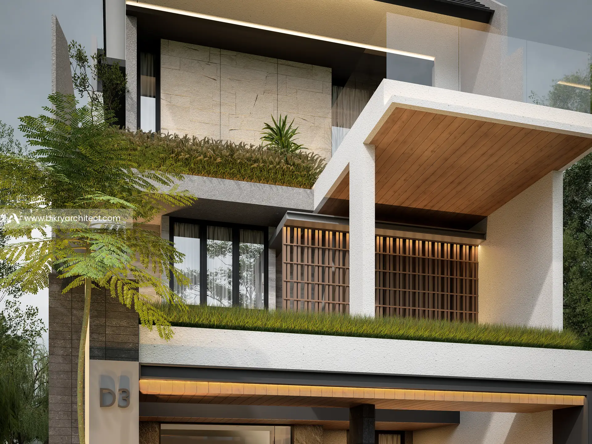 Detail fasad lantai 2 dan 3 dengan kisi kayu vertikal, balkon kaca, dan plafon kayu
