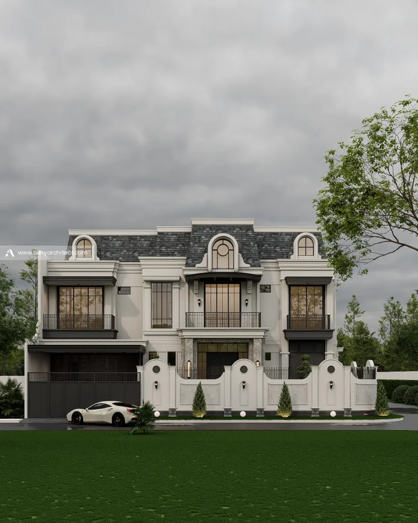 Tampak depan A House Cianjur, desain rumah klasik dengan atap mansard abu-abu, jendela dormer lengkung, dan balkon besi