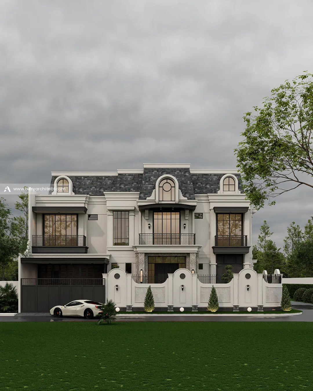Tampak depan A House Cianjur, desain rumah klasik dengan atap mansard abu-abu, jendela dormer lengkung, dan balkon besi
