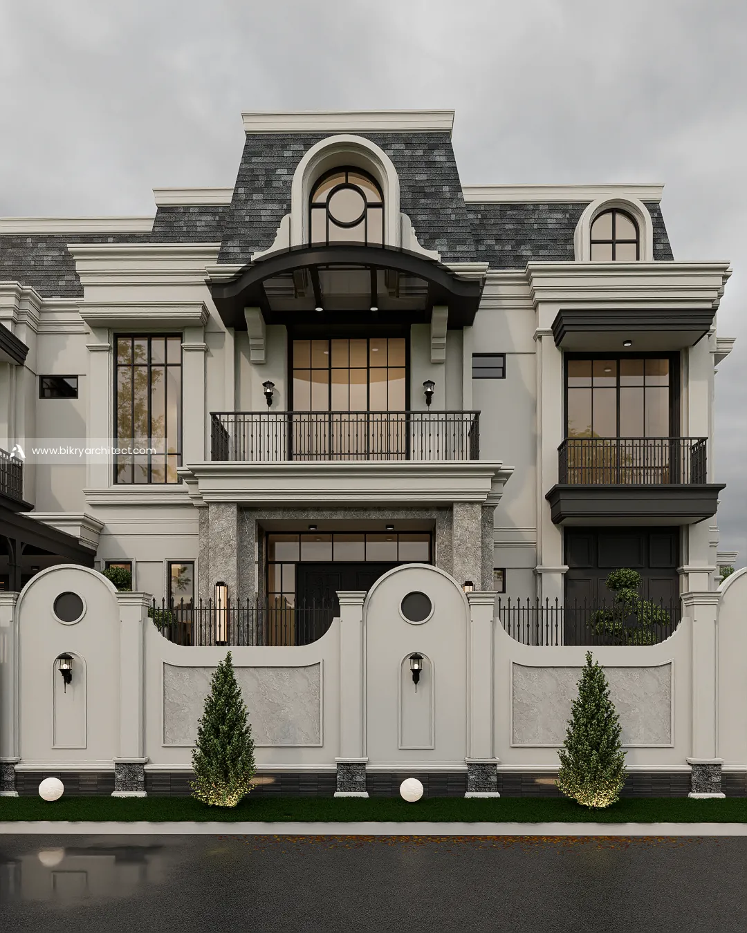 Detail fasad depan rumah klasik dengan kanopi lengkung hitam, pilar batu abu-abu, dan jendela kaca tinggi