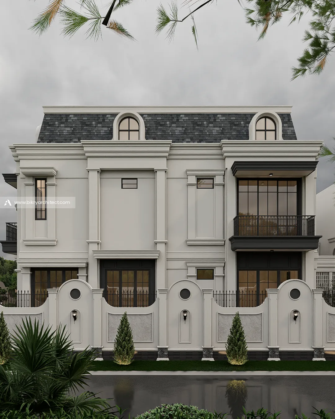 Tampak samping rumah klasik Eropa dengan dinding profil putih, jendela dormer, dan pagar berlubang bulat