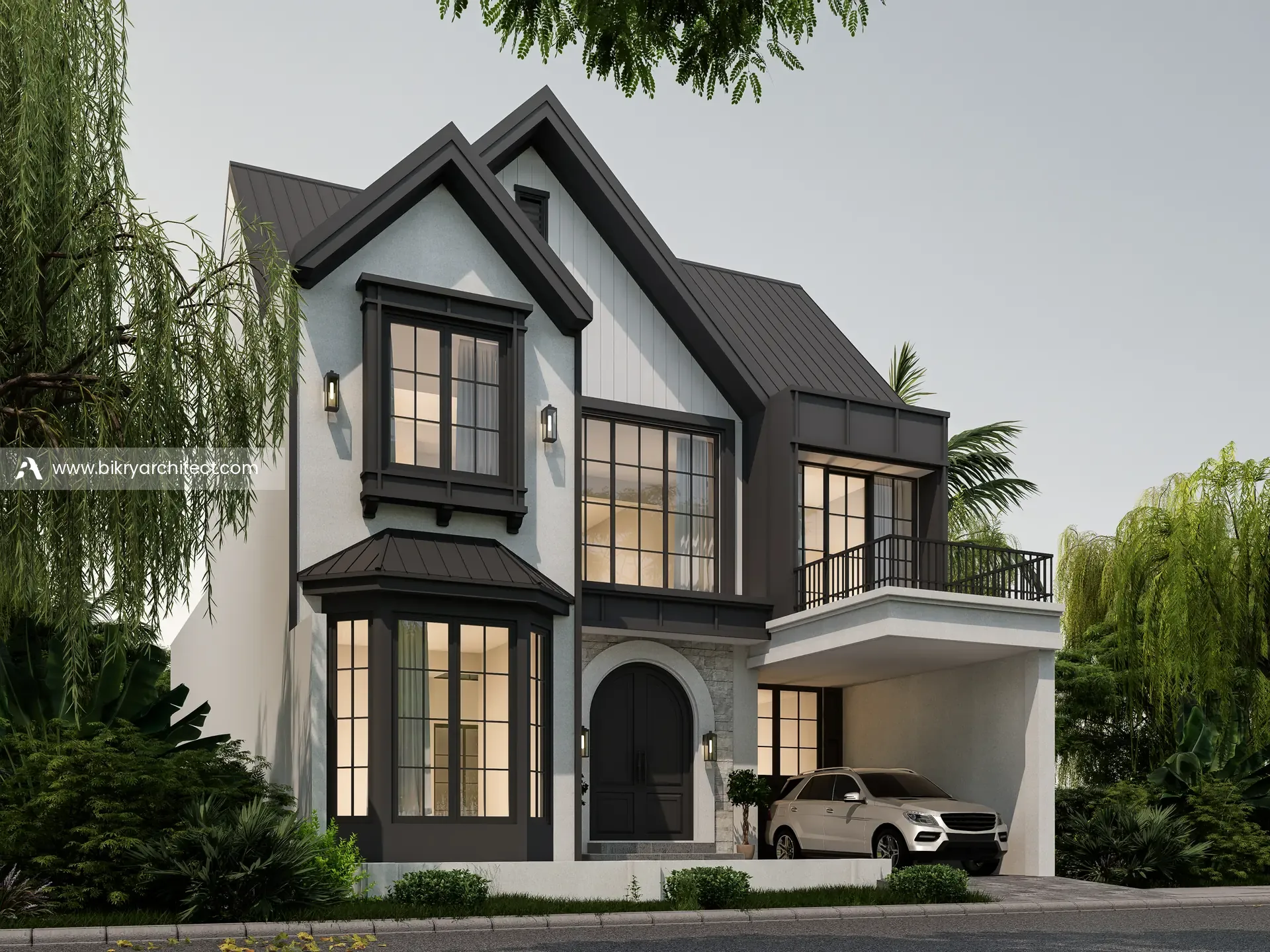 Fasad A House Gading Serpong, rumah modern klasik 2 lantai dengan atap pelana gelap dan jendela berbingkai hitam saat senja