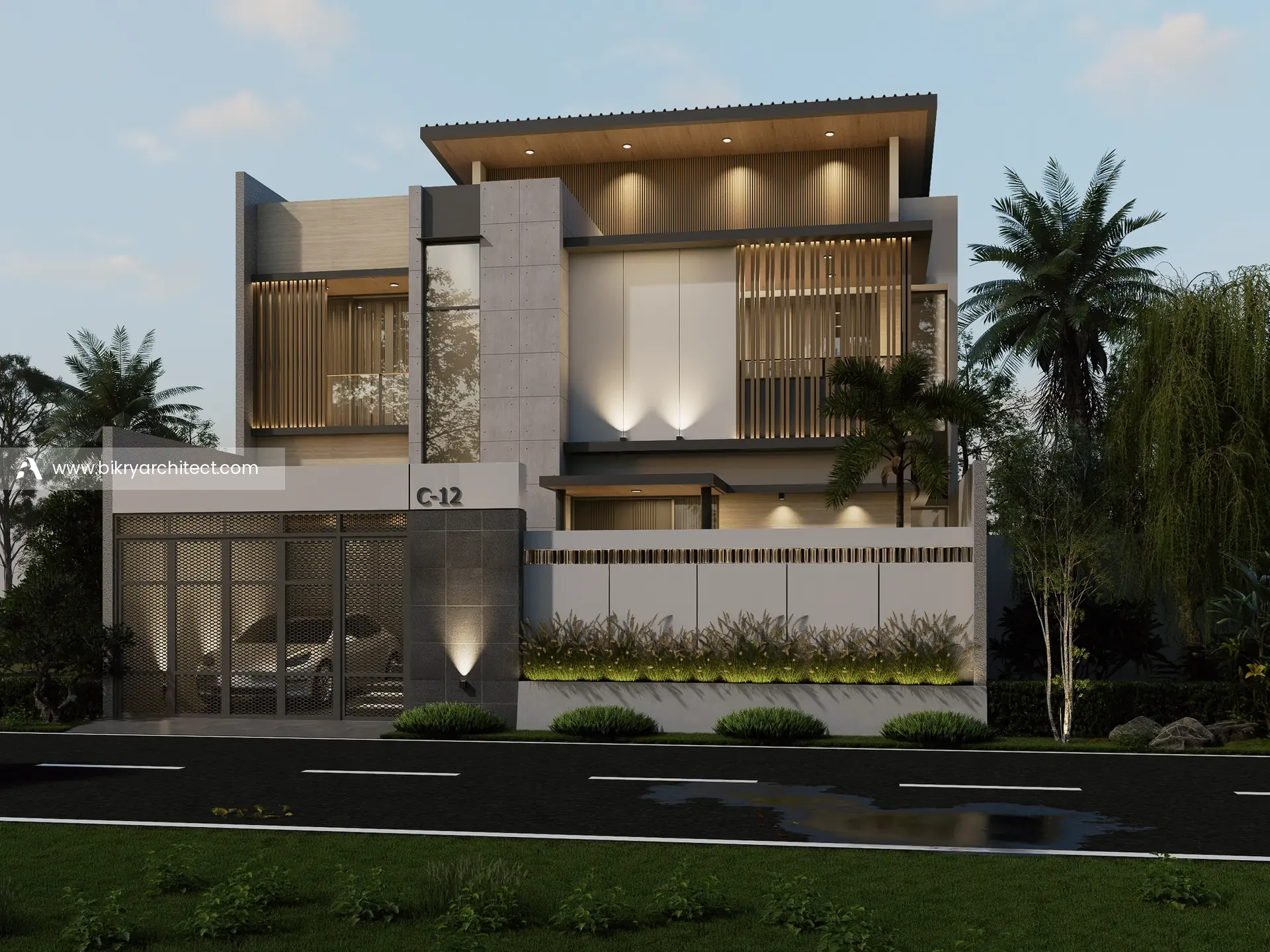 Fasad K House BSD, rumah modern kontemporer dengan kisi kayu vertikal, dinding putih, dan aksen batu abu saat senja