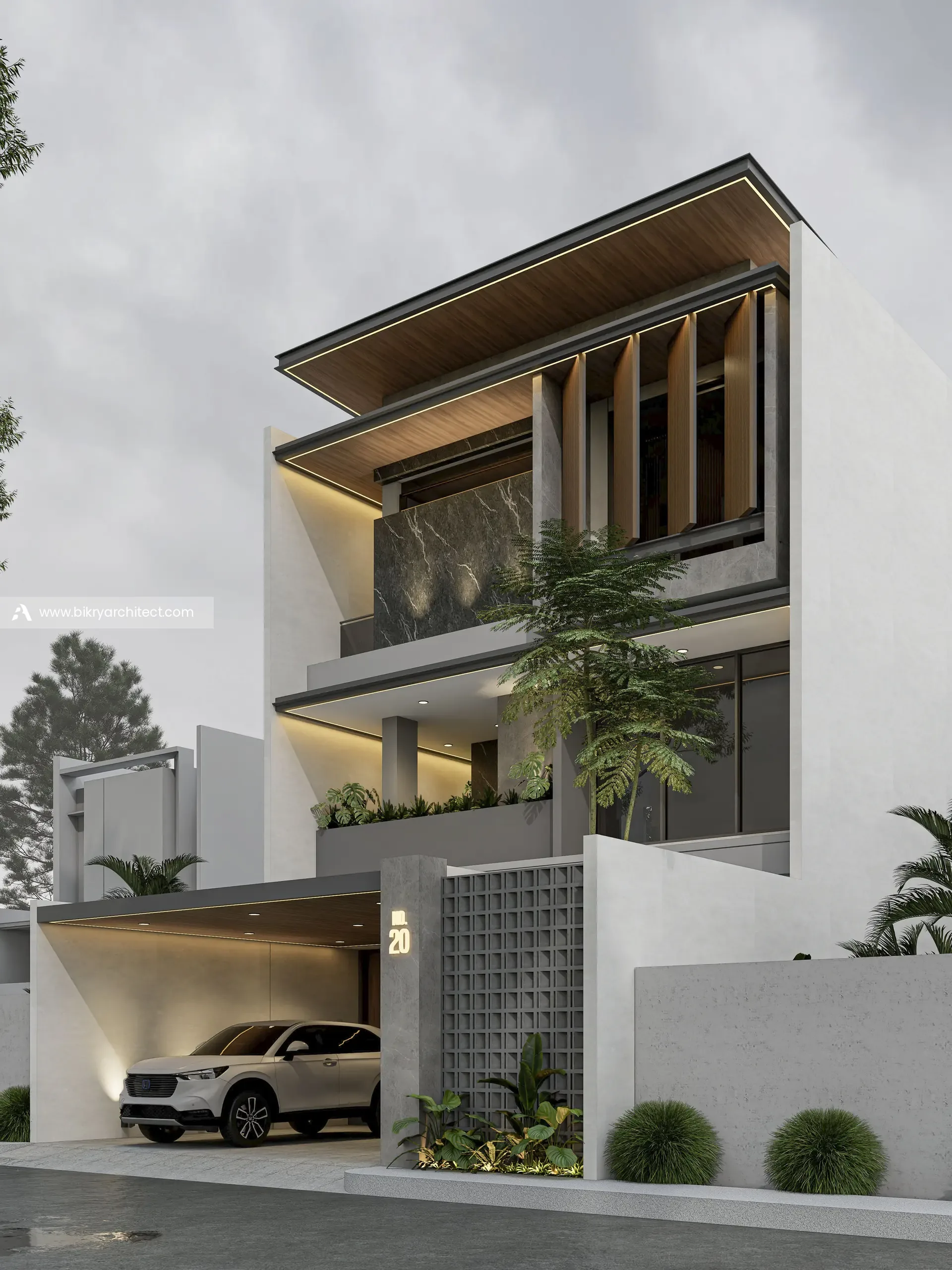 Perspektif F House Bintaro, rumah modern tropis 3 lantai dengan teritisan plafon kayu, kisi kayu vertikal, dan carport