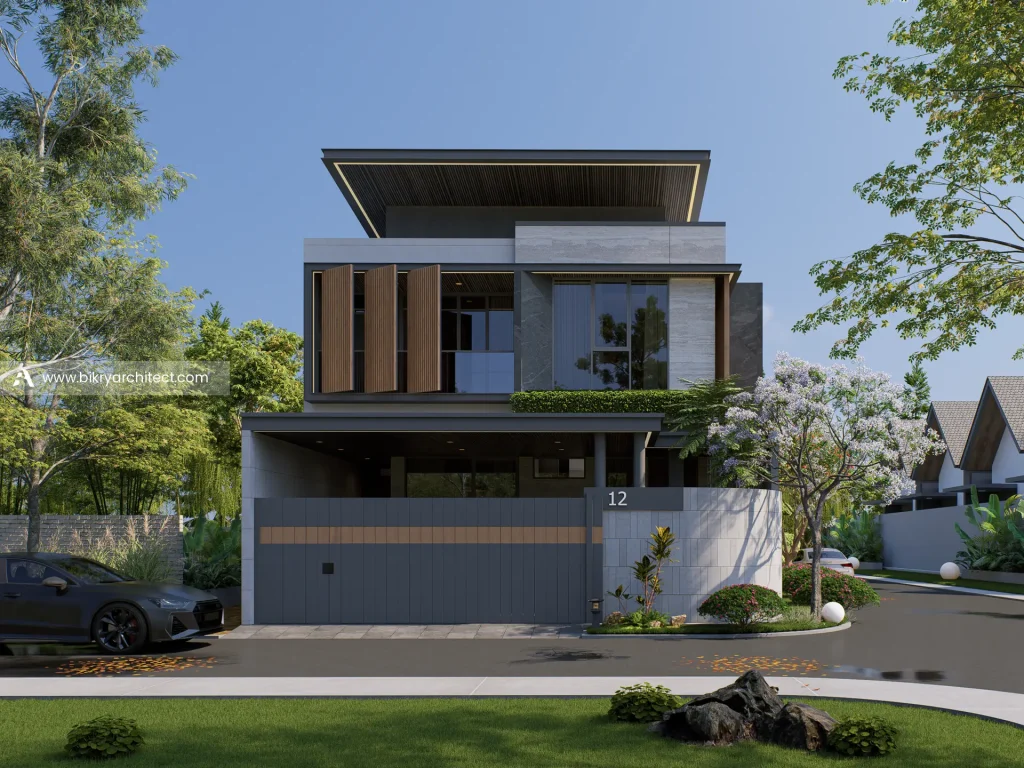 Fasad depan E House Mataram, rumah modern kontemporer 2 lantai dengan shutter kayu dan atap melayang berplafon kayu