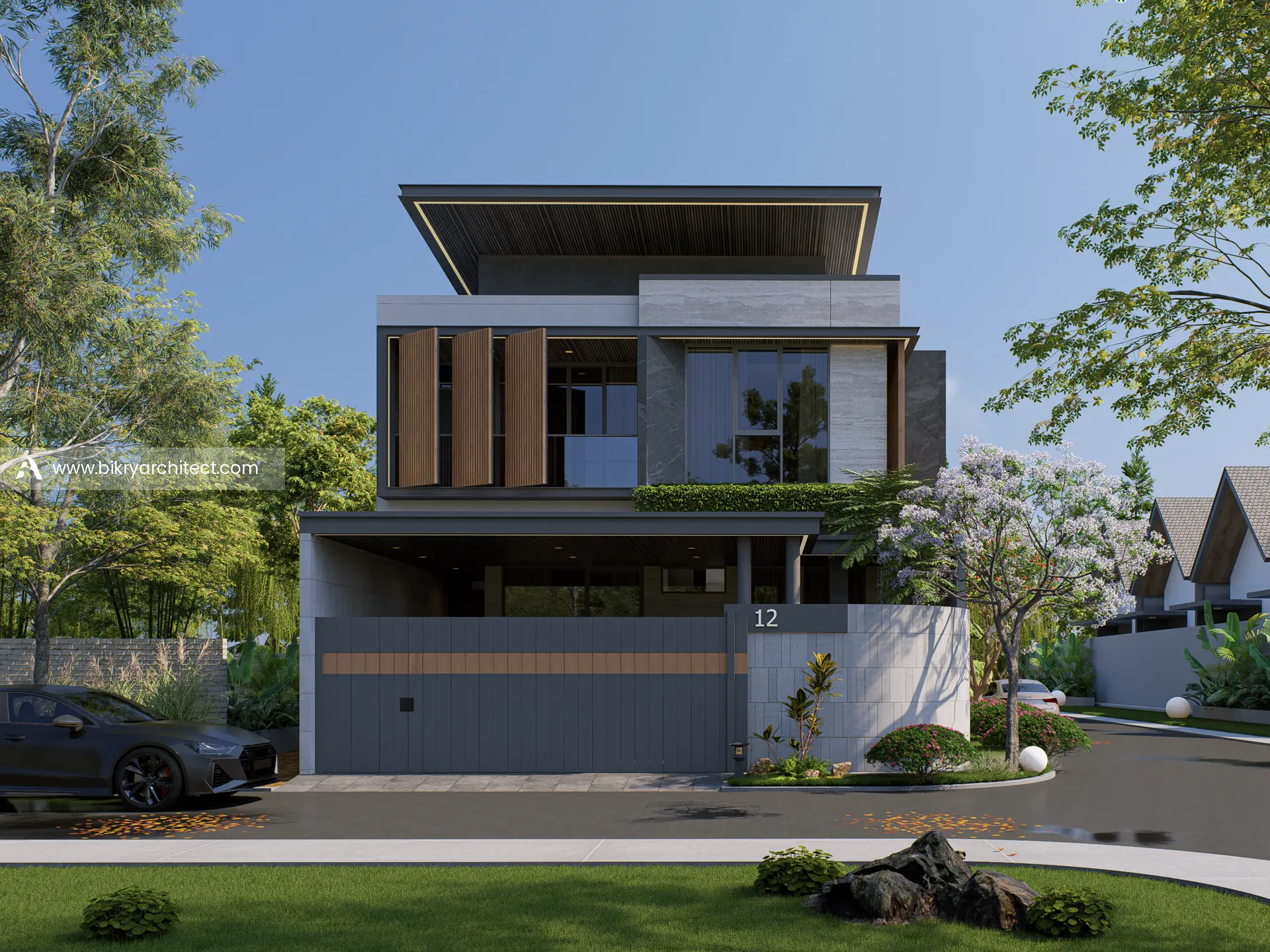 Fasad depan E House Mataram, rumah modern kontemporer 2 lantai dengan shutter kayu dan atap melayang berplafon kayu