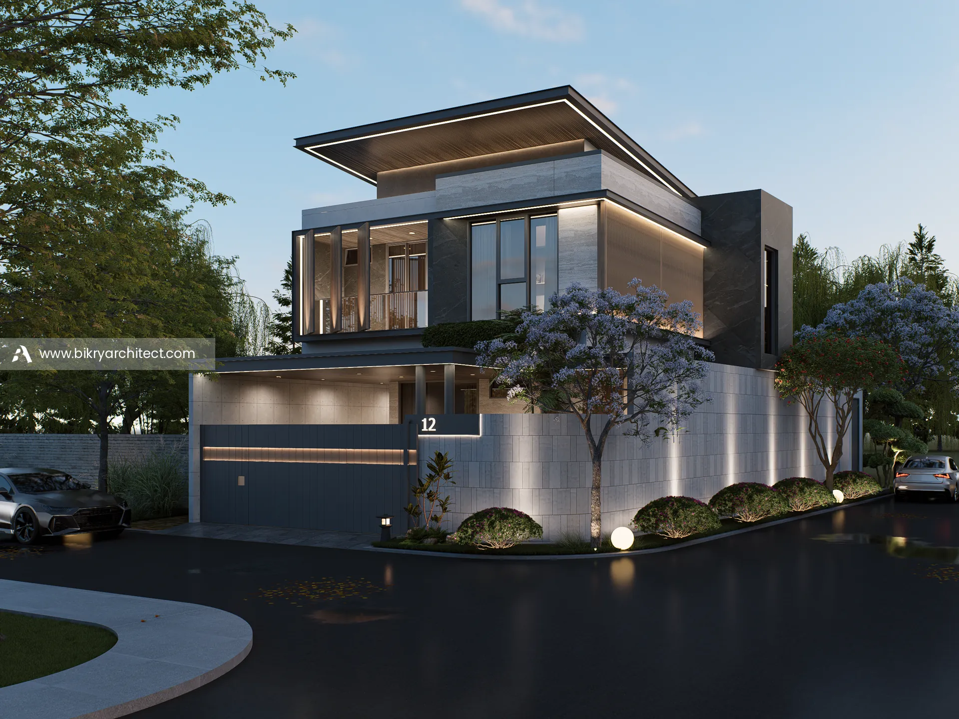 Perspektif sudut rumah modern kontemporer 2 lantai di lahan sudut dengan pagar dinding batu alam dan lampu taman