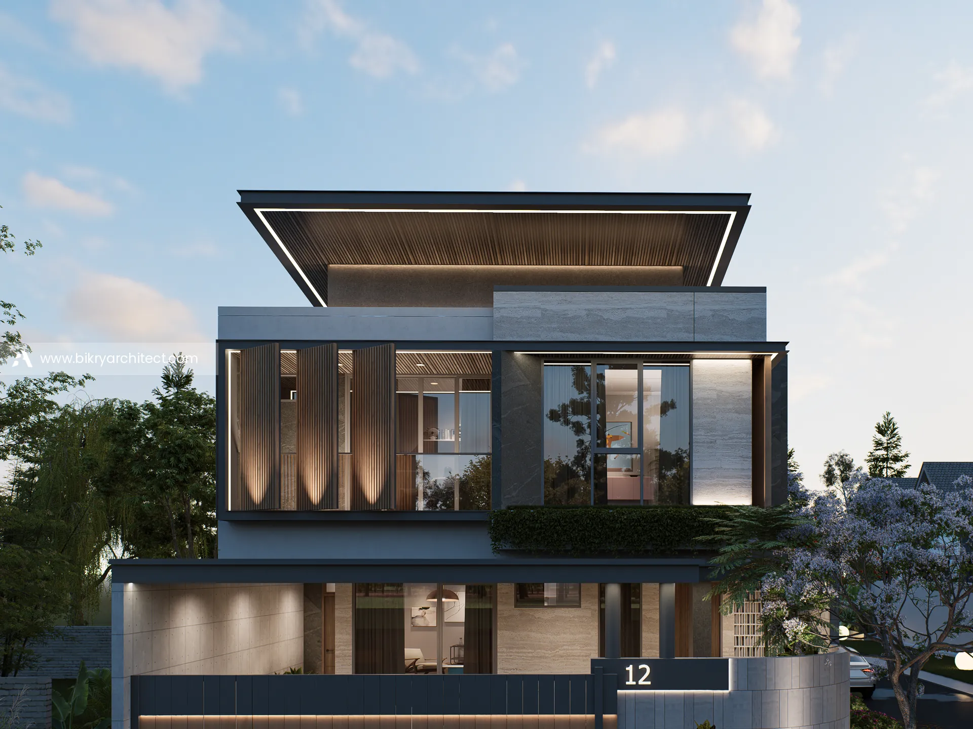 Detail fasad lantai 2 dengan shutter kayu lipat, panel marmer gelap, dan lampu garis di atap