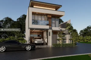 Tampak depan E House Bogor, rumah modern kontemporer 3 lantai dengan atap datar berplafon kayu, balkon kaca, dan carport