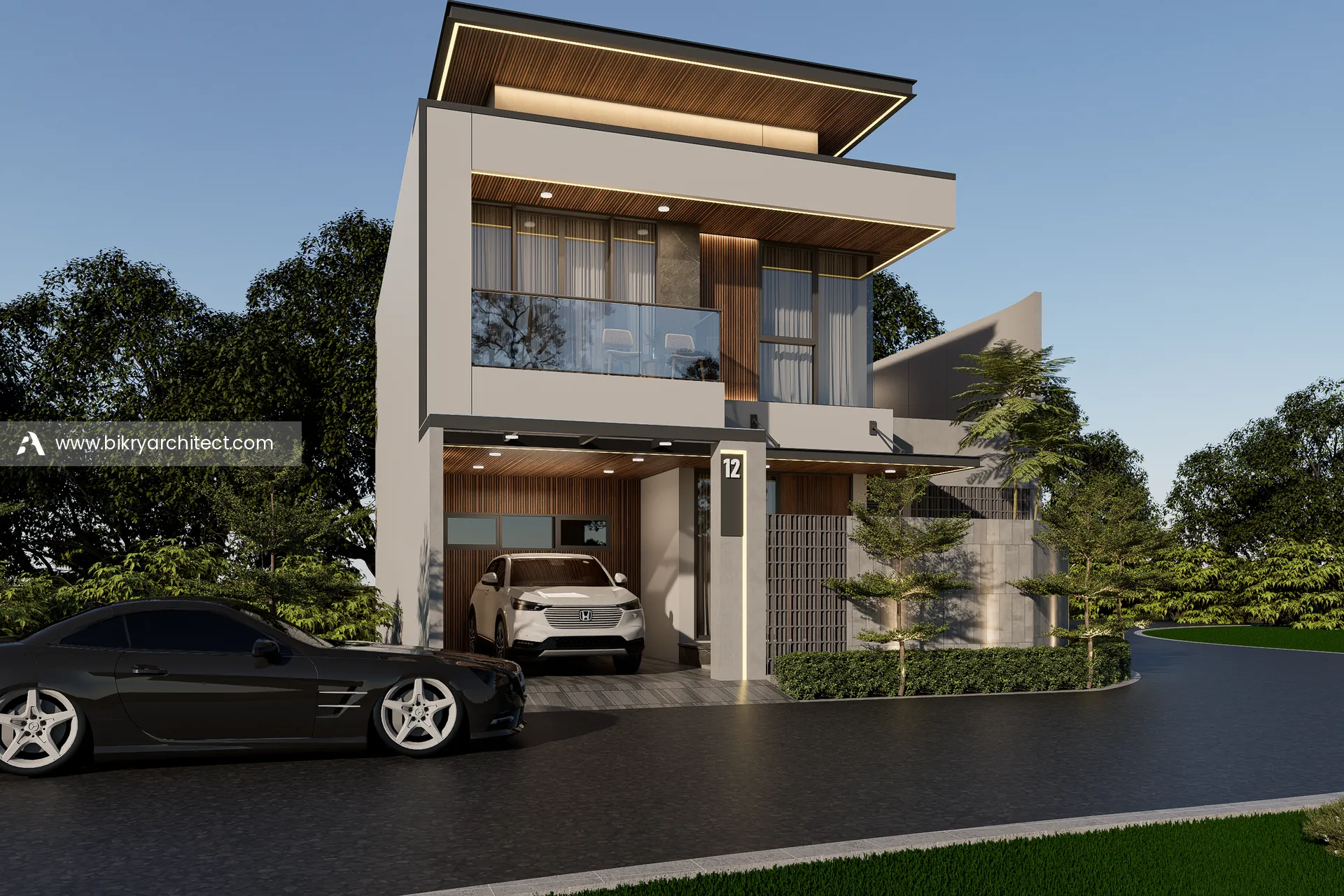 Tampak depan E House Bogor, rumah modern kontemporer 3 lantai dengan atap datar berplafon kayu, balkon kaca, dan carport