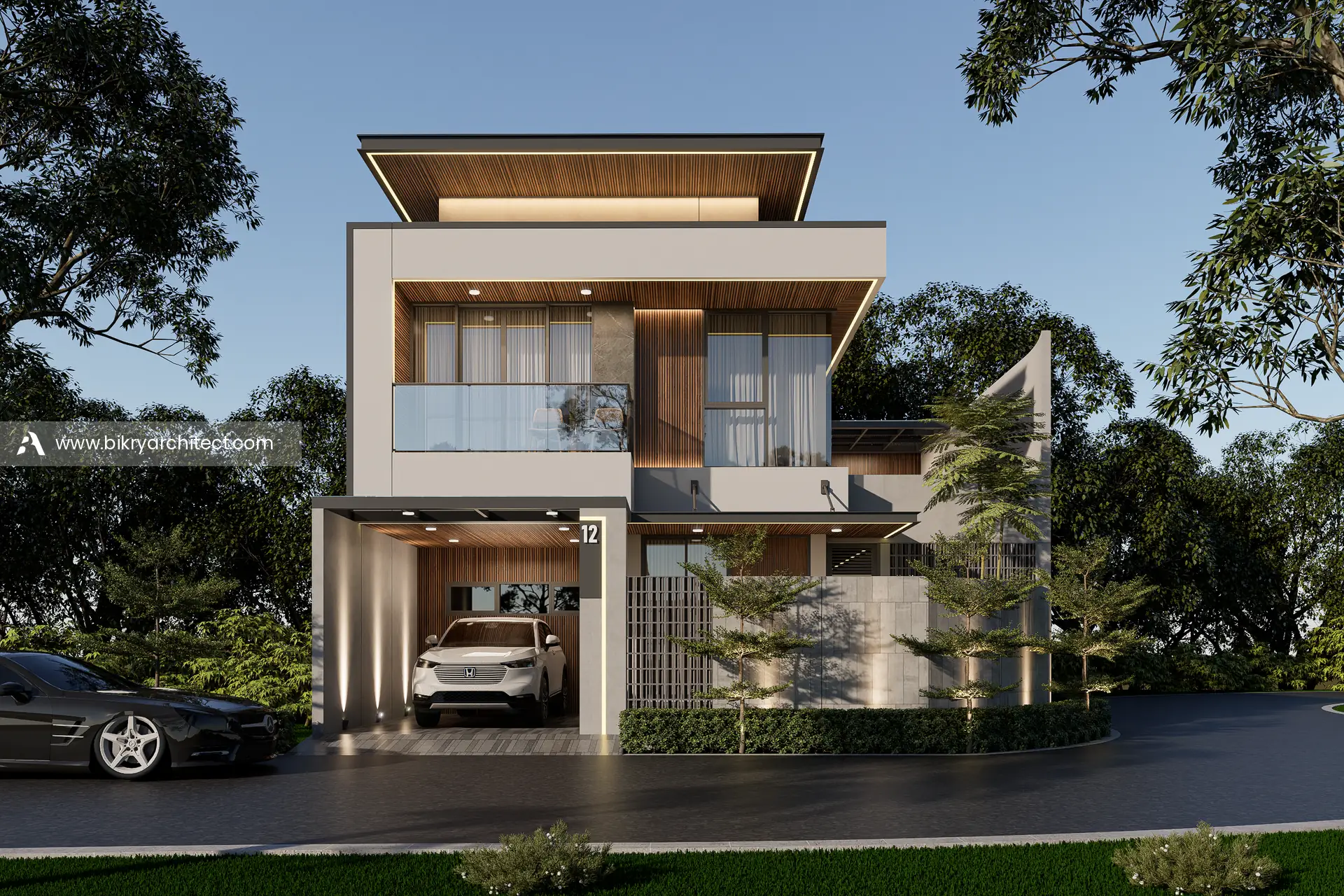 Fasad rumah modern kontemporer 3 lantai dengan panel kayu vertikal, balkon kaca, dan taman depan