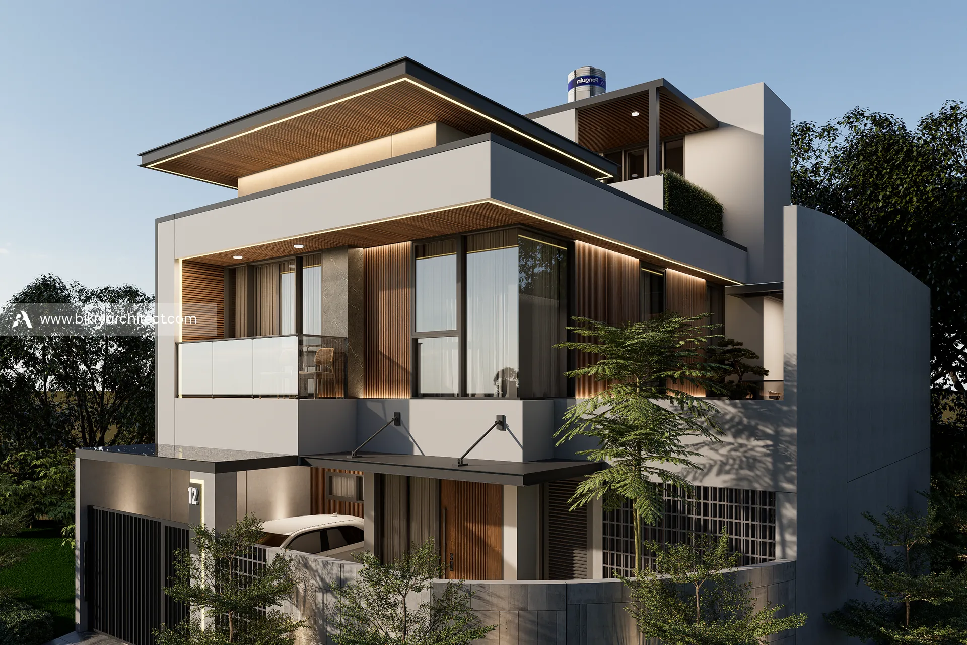 Perspektif samping rumah modern kontemporer dengan bukaan kaca lebar, panel kayu, dan atap datar menjorok