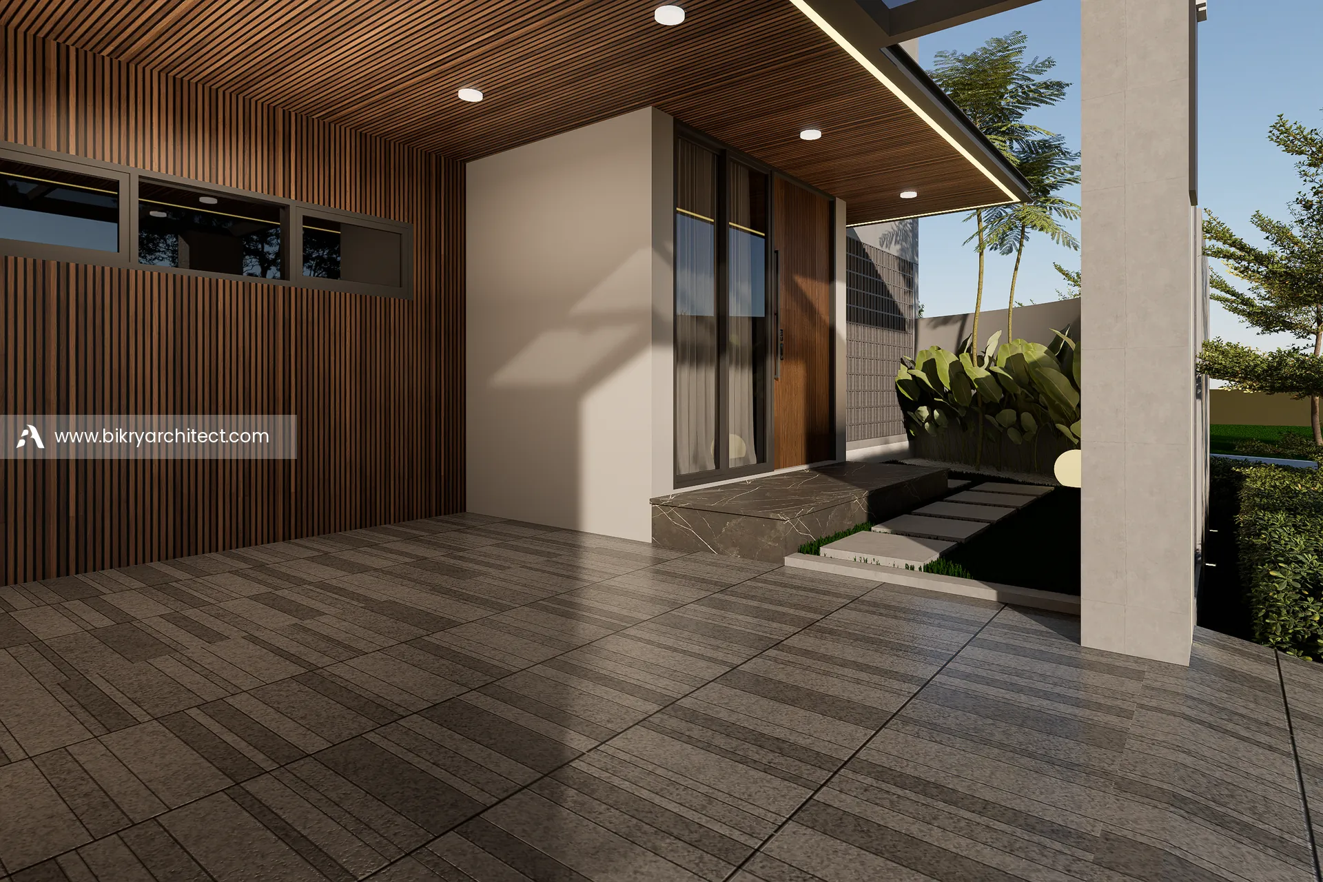 Teras rumah dengan plafon kayu, dinding panel kayu, dan lantai motif kayu