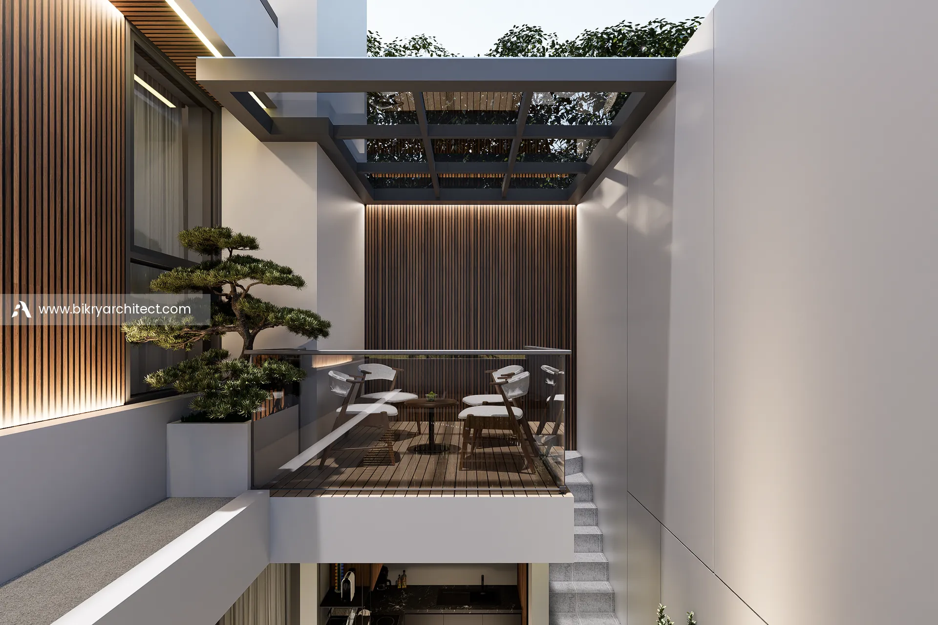 Area santai rooftop dengan pergola, meja makan luar ruang, dan tanaman bonsai
