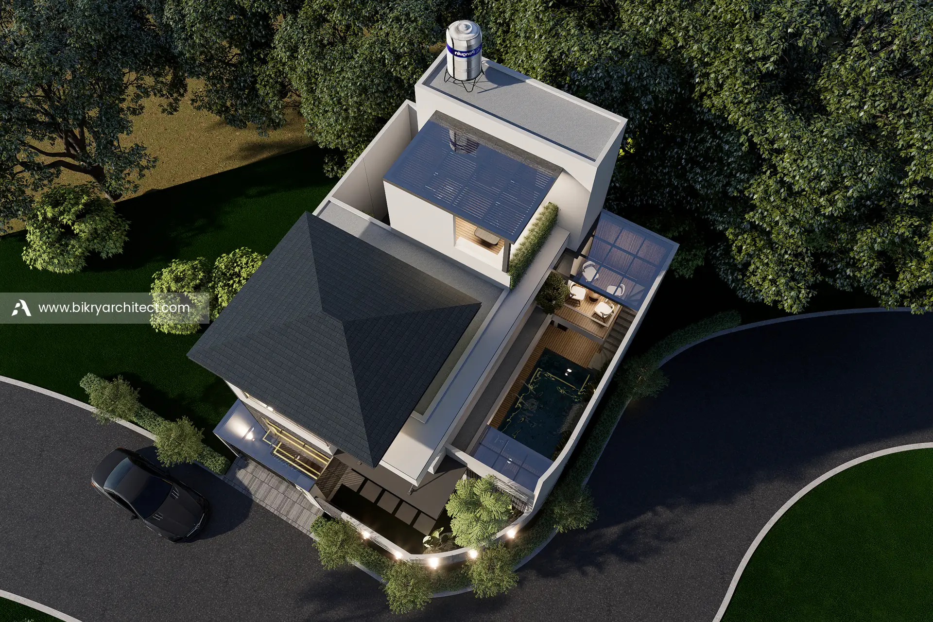Tampak atas E House Bogor dengan atap, rooftop, dan kolam renang di sisi rumah