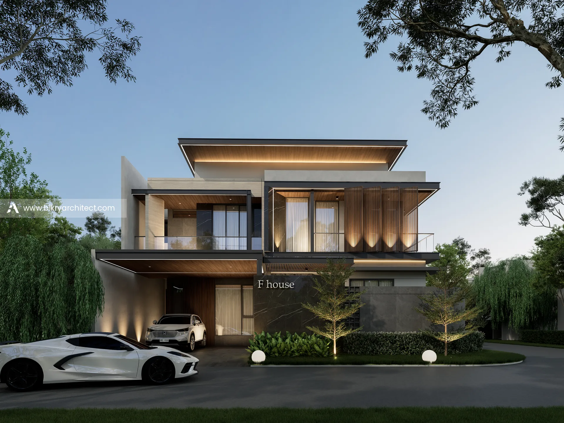 Tampak depan F House Padang, rumah modern tropis 2 lantai dengan atap datar berplafon kayu, kisi kayu, dan balkon kaca