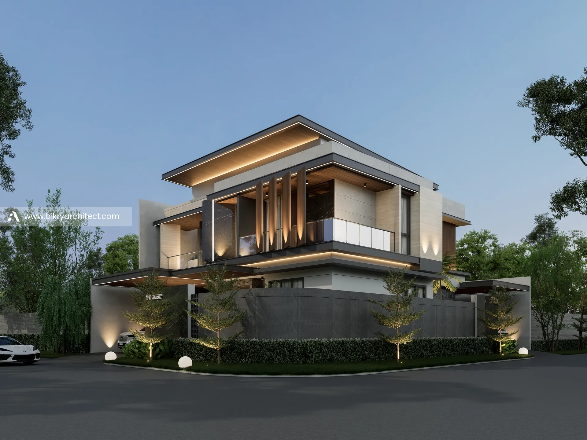 Perspektif sudut F House Padang di lahan hook dengan pagar dinding batu alam