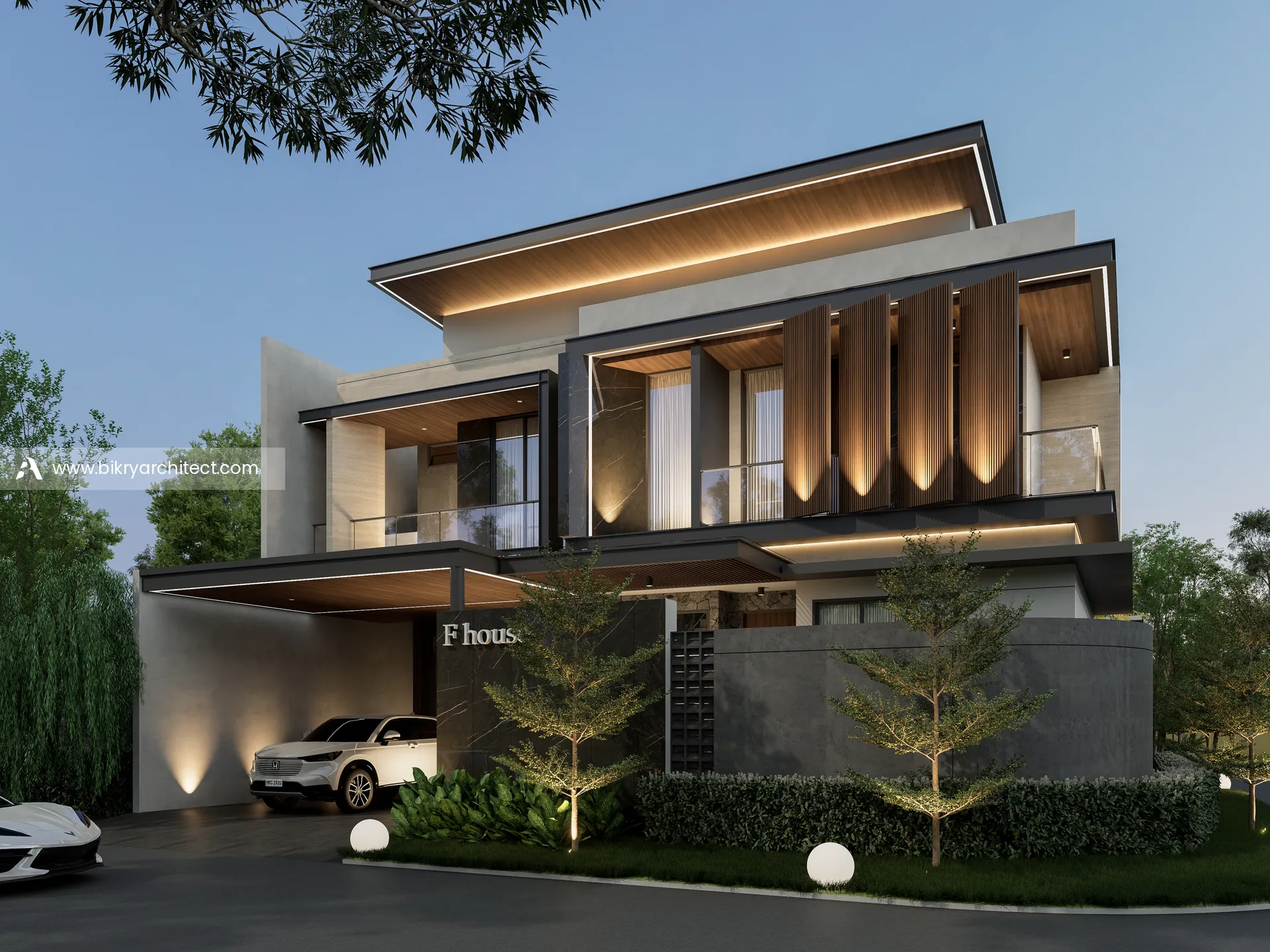 Perspektif rumah modern tropis dengan carport, kisi kayu bercahaya, dan pagar batu alam di Padang