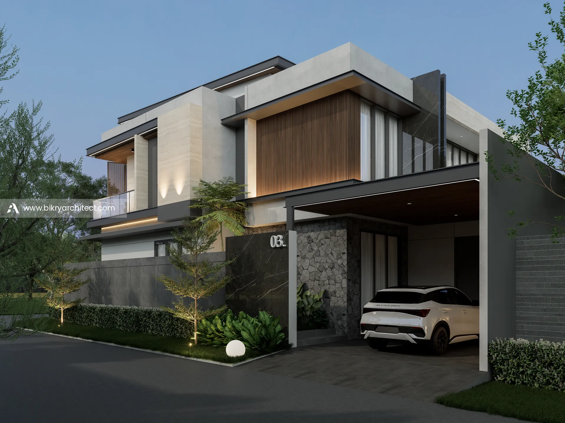 Carport samping F House dengan dinding batu alam, panel kayu, dan pagar besi