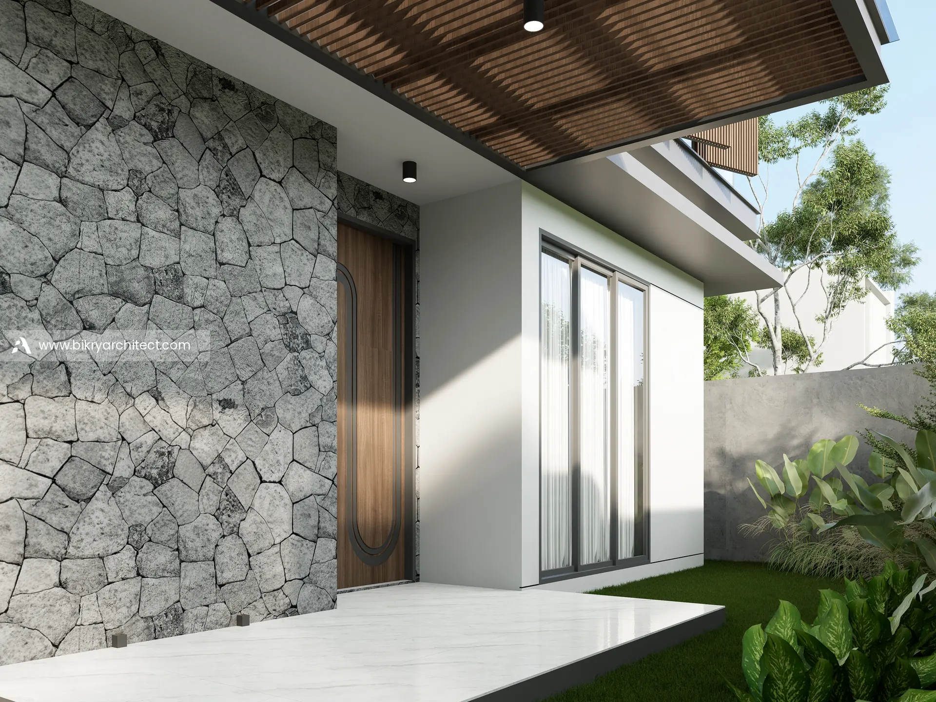 Pintu masuk kayu dengan dinding batu alam dan kaca lebar di teras depan