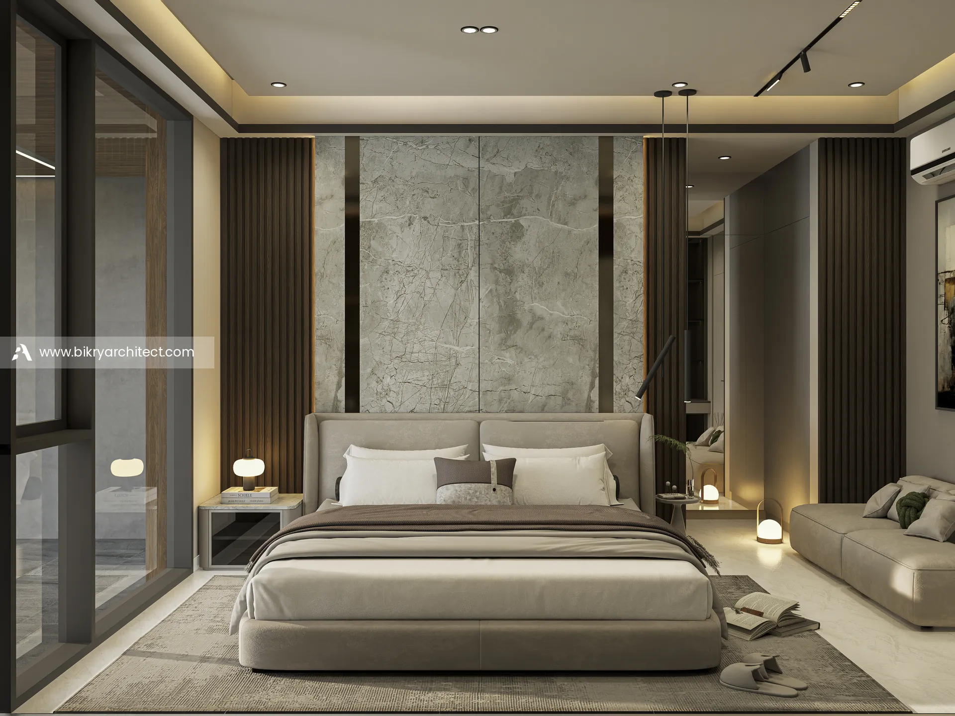 Kamar tidur utama dengan dinding marmer abu, panel kayu gelap, dan sofa