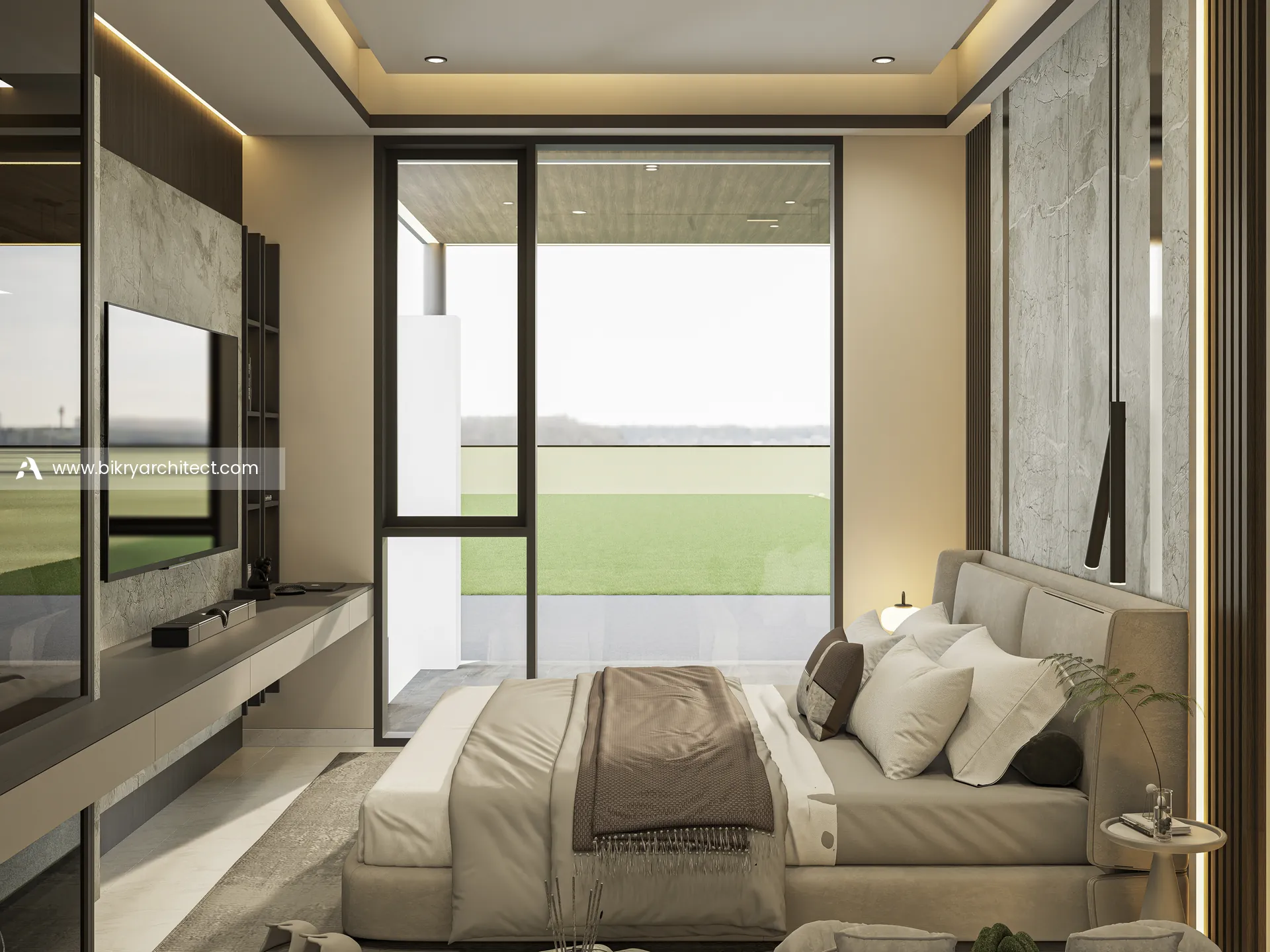 Kamar tidur utama dengan jendela kaca tinggi ke arah luar, plafon drop ceiling, dan lampu tersembunyi