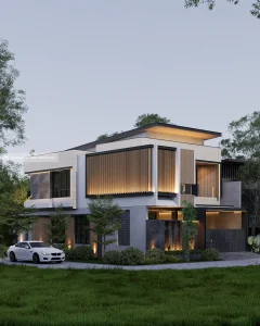 Perspektif G House Jawa Tengah, rumah modern kontemporer 2 lantai dengan kisi kayu bercahaya dan dinding travertin